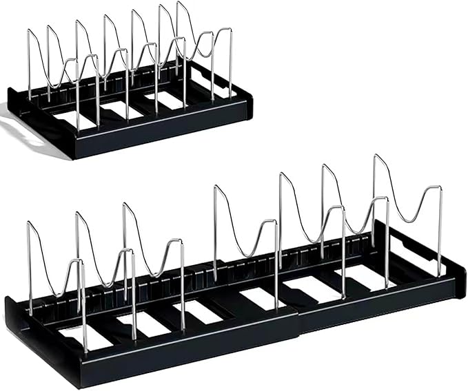 Pots and Pans Organizer Under Cabinet Pot Rack: Expandable Pot Lid Holder with 7 Adjustable Dividers for Kitchen Storage Cutting Boards, Bakeware, Lid, Black