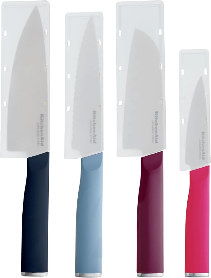 KitchenAid 4-Piece Chef Knife Set with Blade Covers, 6-Inch Chef Knife, 5-Inch Santoku, 5.5-Inch Serrated Utility, 3.5-Inch Paring High-Carbon Japanese Steel, Assorted Colors