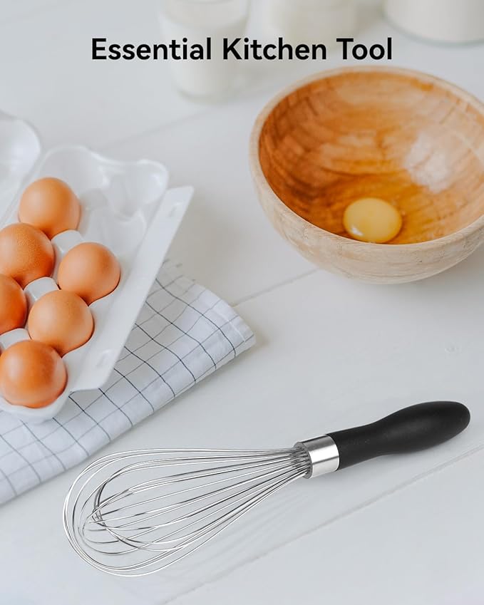 10 Inch Whisk, Sturdy Stainless Steel Wire Whisk with Non-Slip Grip - Dishwasher Safe & Rust Resistant Kitchen Tool for Cooking, Blending, Whisking & Mixing Batter