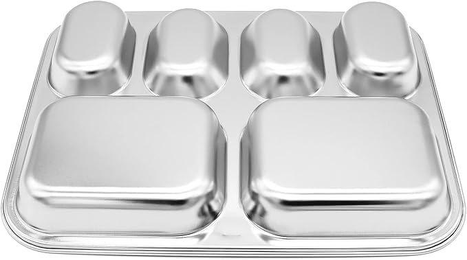 Korean Stainless Steel Divided Plates for Kids, Adults, Students, Premium 304, Electro-Polished, No Black Residue, BPA-Free, 6-Compartment Food Tray, Picky Eaters, Diet Portion Control, Set of 2