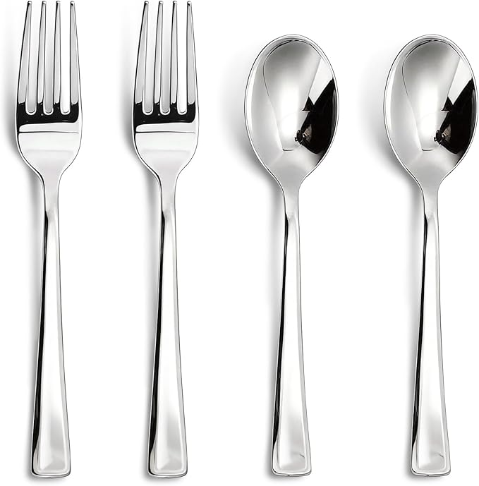 N9R 100PCS Silver Plastic Silverware, Heavy Duty Disposable Cutlery Set for Parties, Disposable Plastic Spoons and Forks Includes 50 Silver Spoons and 50 Forks for Wedding, Birthday, Dinner