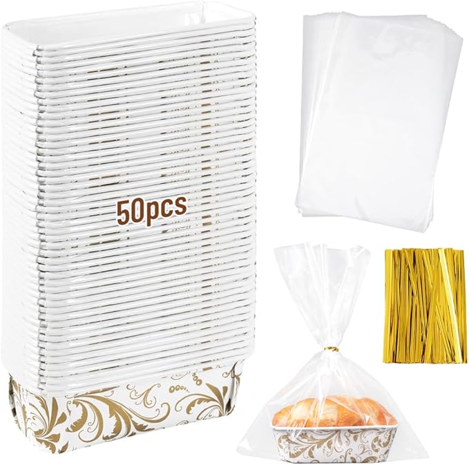 50 PCS Paper Loaf Pans for Baking, 6.3 x 2.2 x 2.2 Inch Small Disposable Baking Pans with Clear Plastic Bags and Ties, Rectangle Paper Bread Pans for Cake Bread Oven Loaf Bakery, White