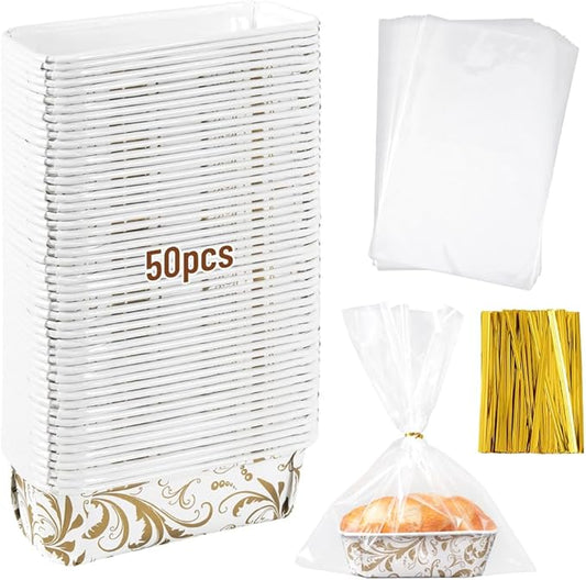 50 PCS Paper Loaf Pans for Baking, 6.3 x 2.2 x 2.2 Inch Small Disposable Baking Pans with Clear Plastic Bags and Ties, Rectangle Paper Bread Pans for Cake Bread Oven Loaf Bakery, White