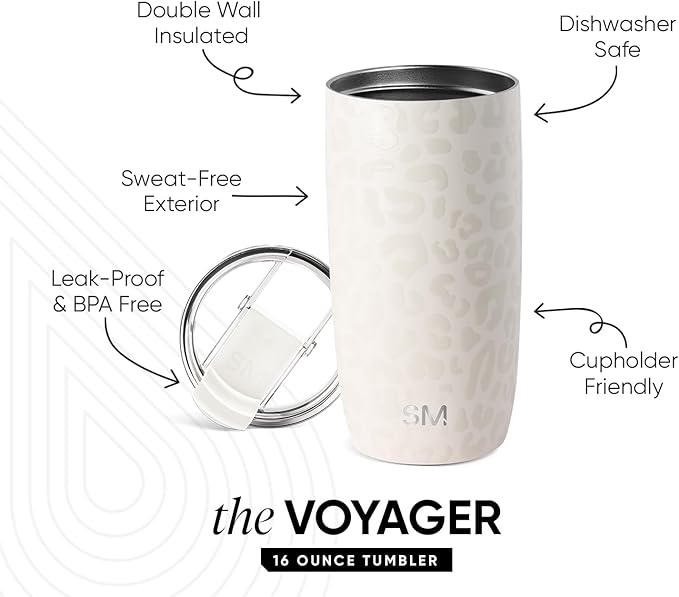 Simple Modern Voyager Tumbler with Flip Lid | Travel Coffee Mug | Insulated Stainless Steel Cold Brew Iced or Hot Coffee Cup | Gifts for Women Men Her Him | 16oz, Cream Leopard