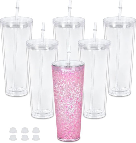 24 Oz Acrylic Snowglobe Tumbler, 6 Pack Pre-Drilled Double Wall Acrylic Clear Cup For Glitter Snow Globe Diy, Double Wall Snowglobe Cup