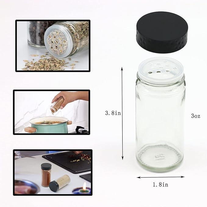 6pcs Black Spice Jars, 3 oz Glass Seasoning Bottles, Spices Container, Empty Spice Jars,Round Spice Bottles with Airtight Plastic Caps with Shaker Lids
