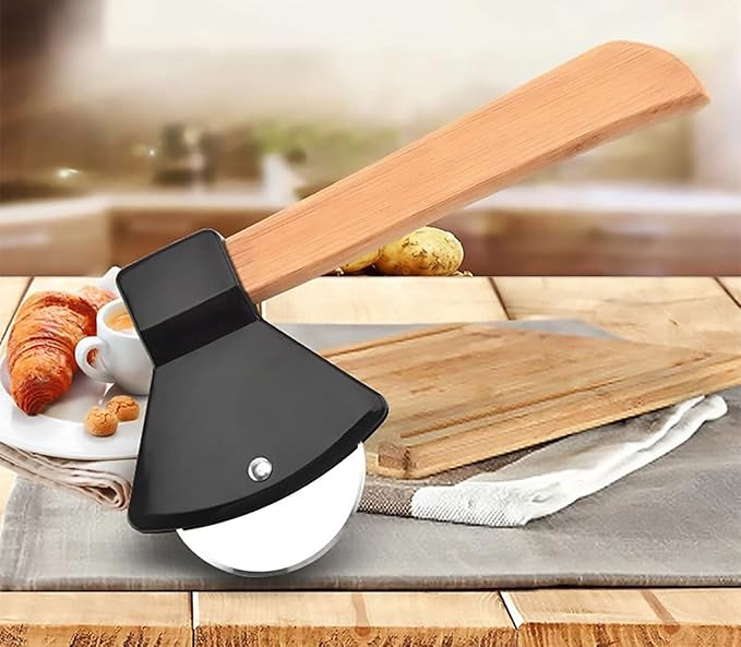 2Pcs Pizza Cutter Wheel, Axe Shaped Stainless Steel Pizza Knife With Bamboo Handles and Sharp Rotating Blades, Pizza Slicer Rolling Cutter for Pies, Cookies, Bread, Cakes (Black)