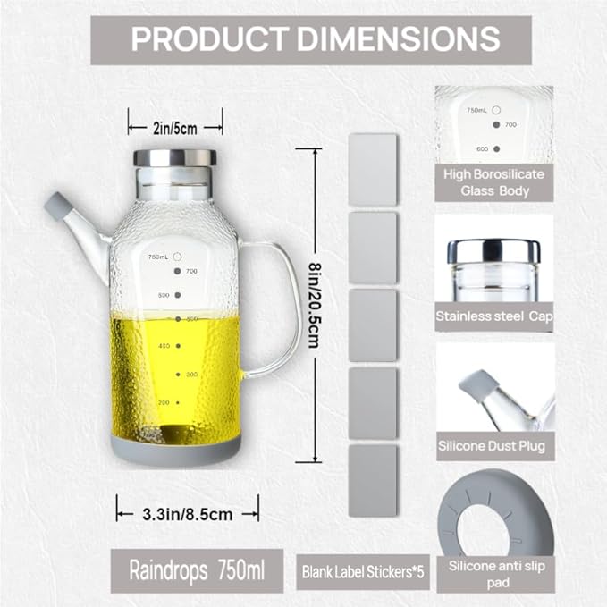 High Borosilicate Glass Oil Bottle-Olive Oil Dispenser for Kitchen-Soy Sauce and Vinegar Dispenser Bottle- Cooking Container Cruet-Oil Dispensing Bottles(Raindrops, Large/750ml)