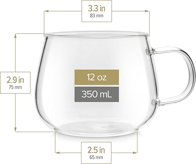 Teabloom Set of Two Premium Borosilicate Glass Tea Cups - 12 oz / 350 ml - Lead-Free, Stain-free and Microwave Safe - Blossoms Collection