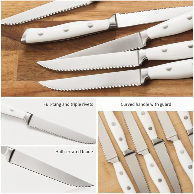 Alata 8-Piece White Steak Knives Set, Stainless Steel Steak Knife set with Serrated Edge, Razor-Sharp, Full-Tang Construction