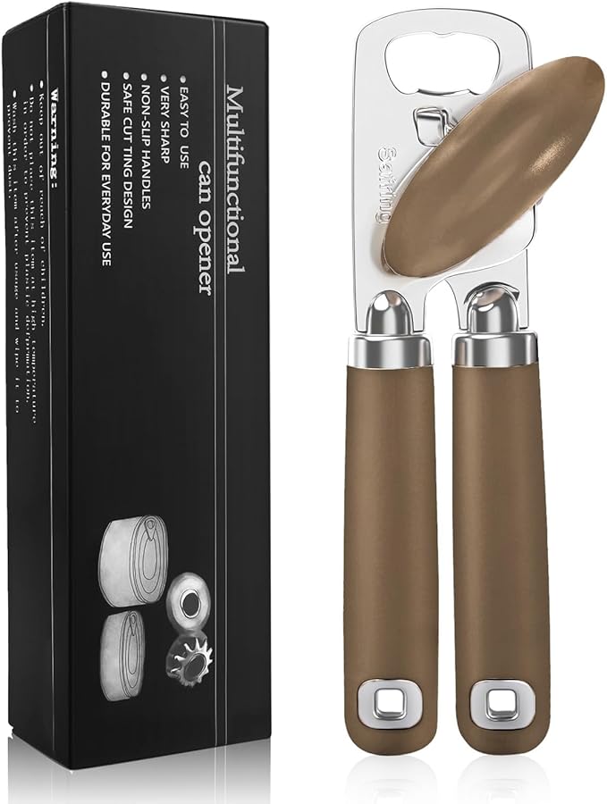 Can Opener Manual, Heavy Duty Stainless Steel Smooth Edge Can Opener With Soft Touch Handle, Oversized Handheld Easy Turn Knob, Multi-Function Bottle Opener, Coffee