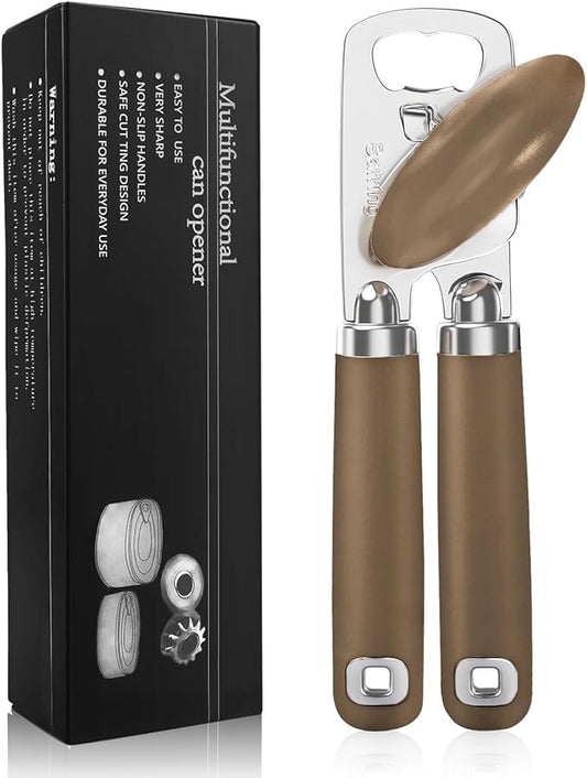 Can Opener Manual, Heavy Duty Stainless Steel Smooth Edge Can Opener With Soft Touch Handle, Oversized Handheld Easy Turn Knob, Multi-Function Bottle Opener, Coffee