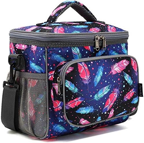 FlowFly Insulated Reusable Lunch Bag Adult Large Lunch Box for Women and Men with Adjustable Shoulder Strap,Front Zipper Pocket and Dual Large Mesh Side Pockets,Feather