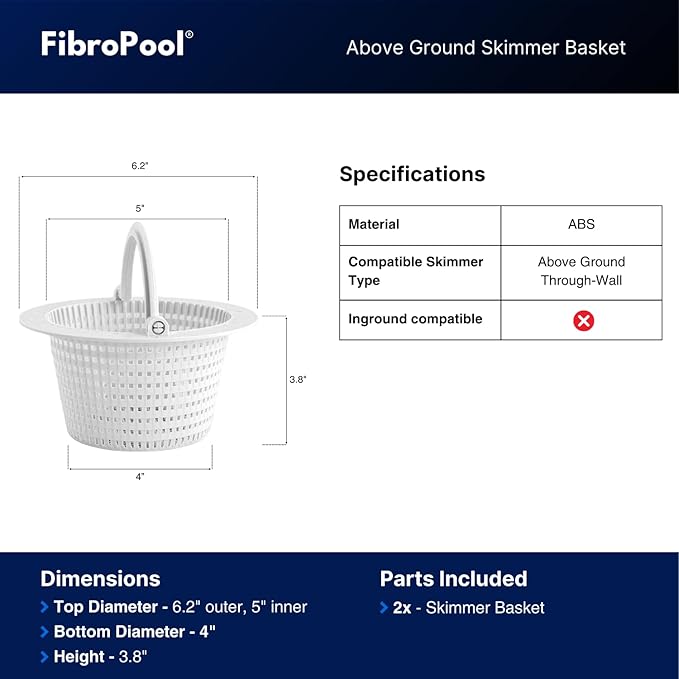FibroPool Above Ground Swimming Pool Through-Wall Skimmer Basket with Handle (2 Pack) Replacement Strainer for Leaves and Debris - Not Compatible with inground Pools