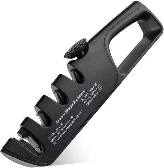 4-in-1 Manual Knife Sharpener for Kitchen Knives & Scissors – Tungsten Carbide and Ceramic Sharpening Stones with Non-Slip Base, Adjustable Angle Guide for All Blade Types (Black)
