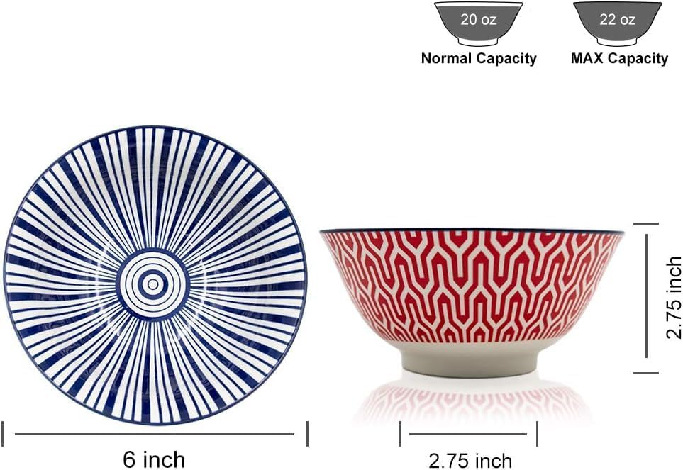 KitchenTour Ceramic Bowls Set - 20 oz Serving Bowls For Kitchen - Cereal, Ice Cream, Soup, Salad, Rice, Dessert Ceramic Bowls - Assorted Colorful Set of 6 - Microwave Dishwasher Safe - 6 Inch