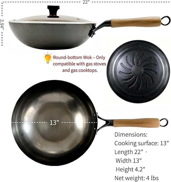 Calmabode 13" Pre-Seasoned Round Bottom Carbon Steel Wok with Lid - Hand-Forged Commercial Grade Chinese Wok for Gas Stovetops, Fast Even Heating, Toxin-Free Cooking