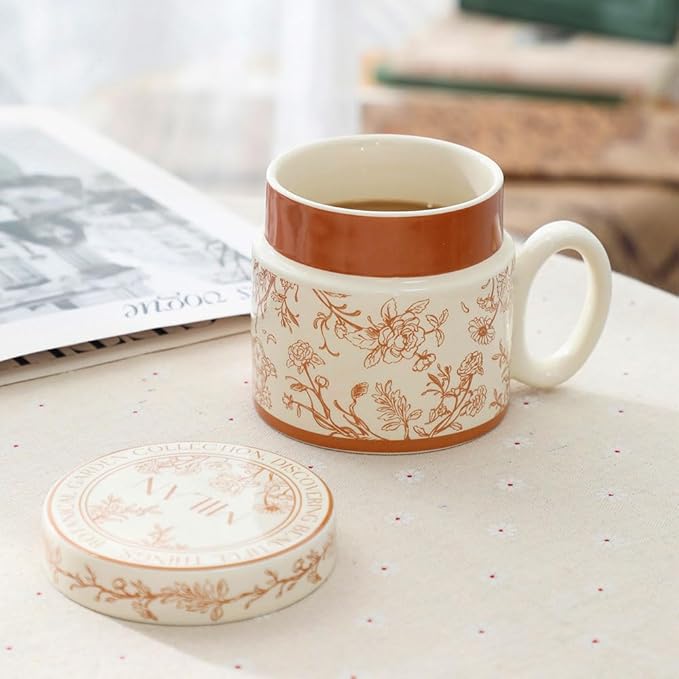 12.9oz Ceramic Coffee Mug with Lid,Flower Patterned Porcelain Mug,Ceramic Tea Cup Coffee Latte Mug for Office and Home,Brown,1 Piece