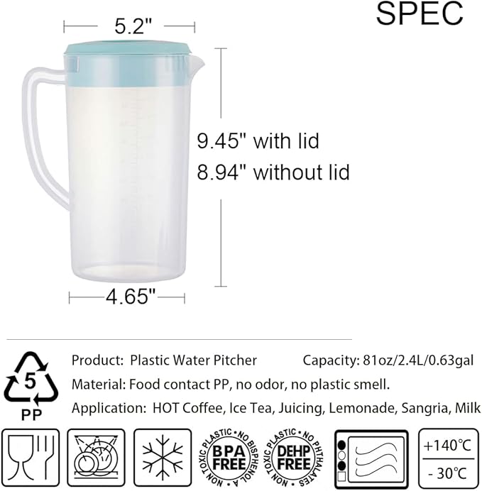 81oz/2.4Litre/0.63 Gallon Plastic Water Pitcher with Lid BPA-FREE Carafes Mix Drinks Water Jug for Hot/Cold Juice Beverage Ice Tea (Sky Blue, 81oz)
