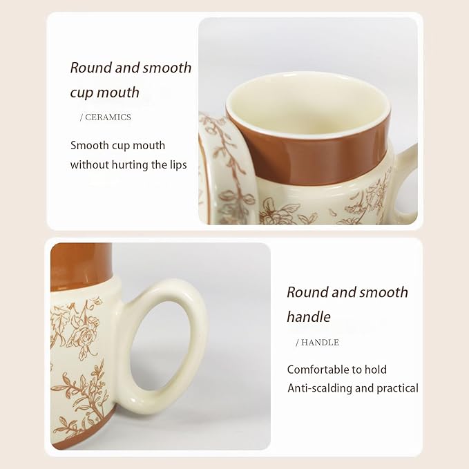 12.9oz Ceramic Coffee Mug with Lid,Flower Patterned Porcelain Mug,Ceramic Tea Cup Coffee Latte Mug for Office and Home,Brown,1 Piece