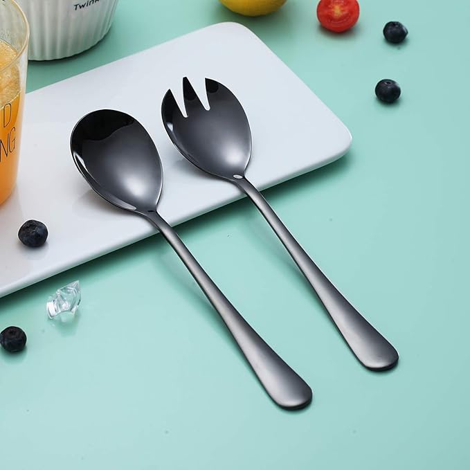 Berglander Stainless Steel Salad Server Set With Titanium Black Plating - Salad Servers, Spoon, Fork - Pack of 2 (Shiny Black)