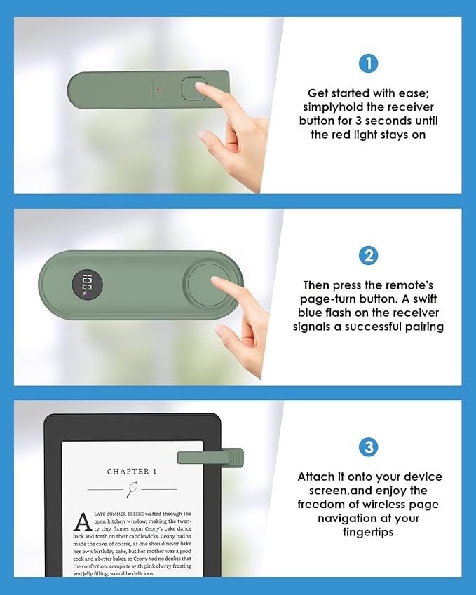 Remote Page Turner for Kindle Reading Accessories, Clicke for iPad iPhone Android Tablets E-Book Reading Noels, Camera Remote Shutter Selfie Controller, Green