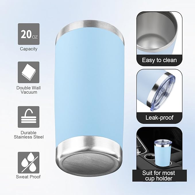 20oz Tumbler with Lid and Straw Double Wall Powder Coated Vacuum Insulated Coffee Tumbler Stainless Steel Insulated Travel Coffee Mug Spill-Proof Thermal Cup for Hot and Cold Beverage,Baby Blue