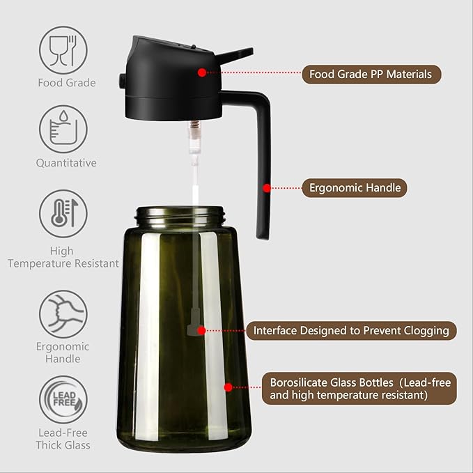 2PCS Olive Oil Dispenser and Oil Sprayer – 16oz/470ml Glass Light-Proof Oil Pourer for Kitchen Air Fryer, Cooking, Salad, and BBQ, with Stickers