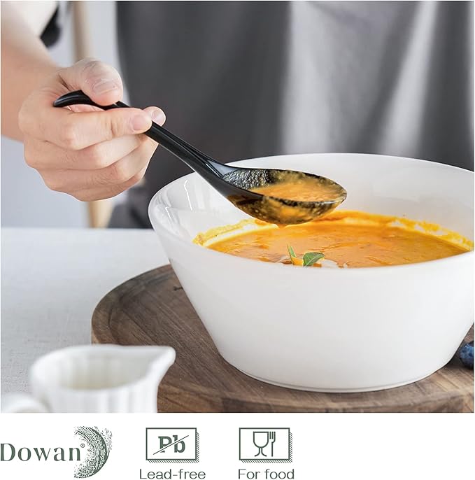 DOWAN Soup Spoons, Ceramic Chinese, Asian Soup Spoons, White Japanese Spoon Large for Ramen Pho Wonton Dumpling Miso, Deep Oval Hook Design, Set of 6 (6, Black)