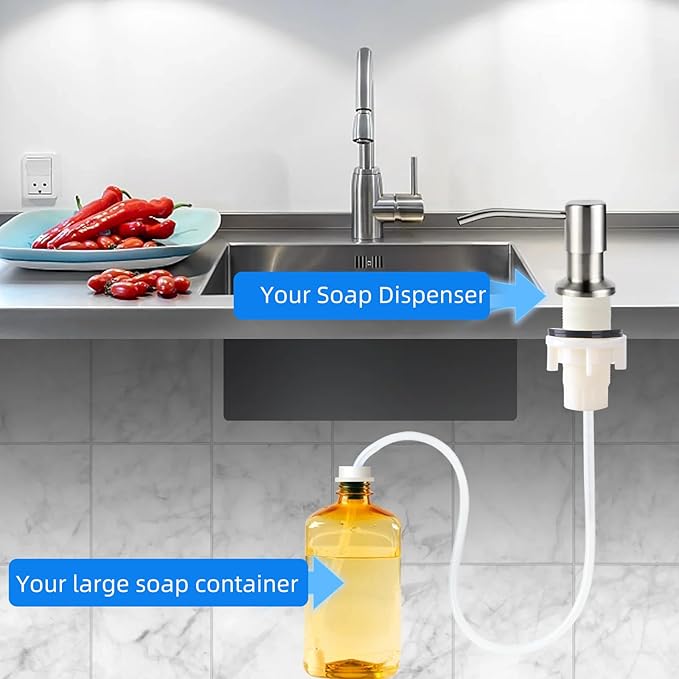 Soap Dispenser for Kitchen Sink, Brushed Nickel Countertop Dispenser with 39" Tube Kit, Use Large Bottles & No More Refills (Silver)
