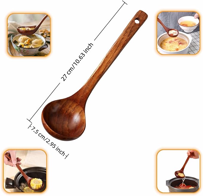 10" Premium Wooden Spoon for Cooking, Natural Teak - Non Drip, Heat Resistant & Comfort Grip, Handmade Smooth Wood Soup Spoon for Stirring, Serving, Non Stick Pots/Hot Soups and Broths