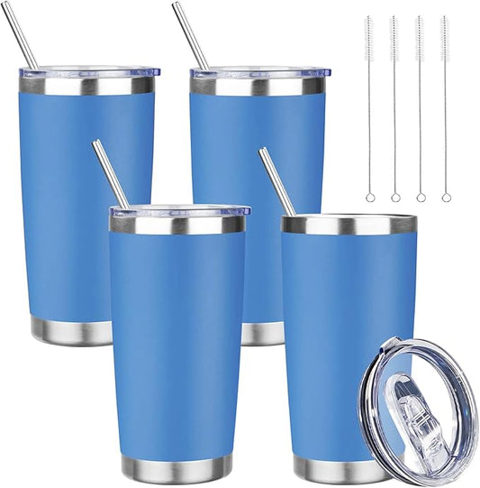 20 oz Tumbler with Lids and Straws, Stainless Steel Insulated Travel Coffee Mug, Double Wall Vacuum Insulated Tumblers, Powder Coated Coffee Tumbler for Cold & Hot Drinks (Sea Blue, 4 Pack)