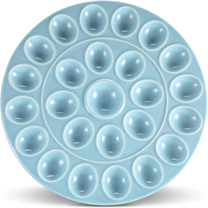 Ceramic Easter Deviled Egg Platter 13 Inch Robin Egg Blue Easter Eggs Tray 24 Holes Deviled Eggs Holder for Spring Holiday Festival Party Favors