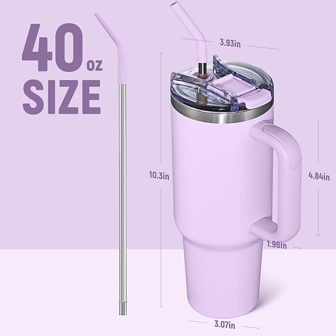 COKTIK 40 oz Tumbler With Handle and Straw, Insulated Tumbler With Leakproof Lids, Stainless Steel|BPA-Free, Cold for 24 H (Lavender)
