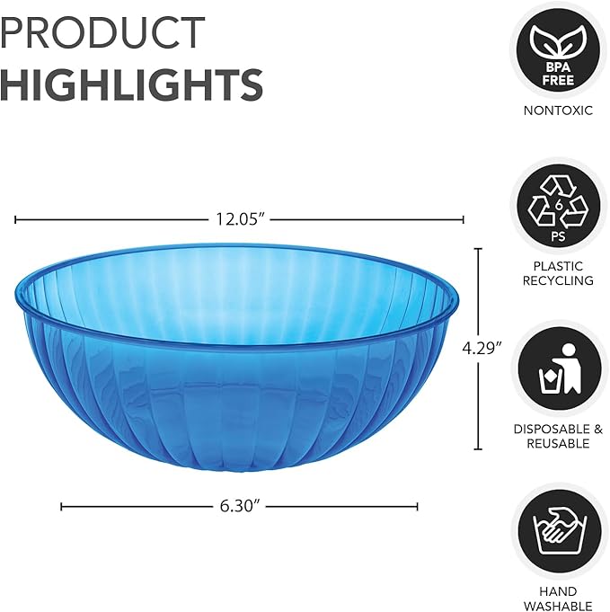 Party Essentials Hard Plastic 192 OZ./6 QT/1.5 Gallon Large Serving Bowls For Punch/Salad/Snack/Treat/Fruit, 3-Count, Neon Blue