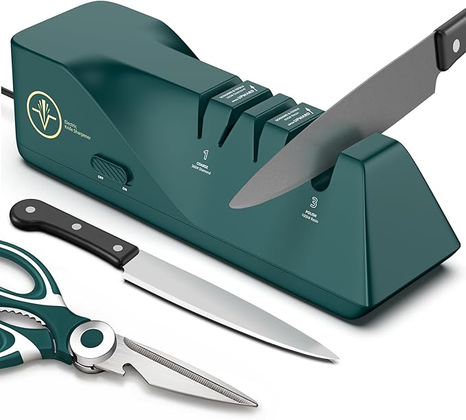 Knife Sharpener, Diamond Abrasives Electric Knife Sharpener for Stainless Steel and Ceramic Knives, with Dust Collection Box, Quick Sharpening & Polishing