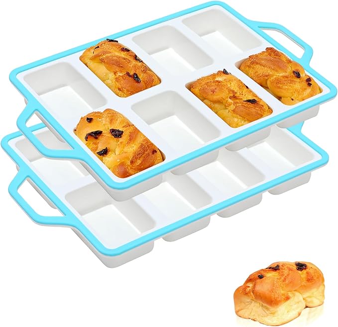 SJ Silicone Mini Loaf Pans with Metal Reinforced Frame-2 Pack, Non-stick Silicone Mini Bread Loaf Pans for Baking 8-Cavity, Tiny Banana Bread Set, Dishwasher Safe Brownie Pan-Blue