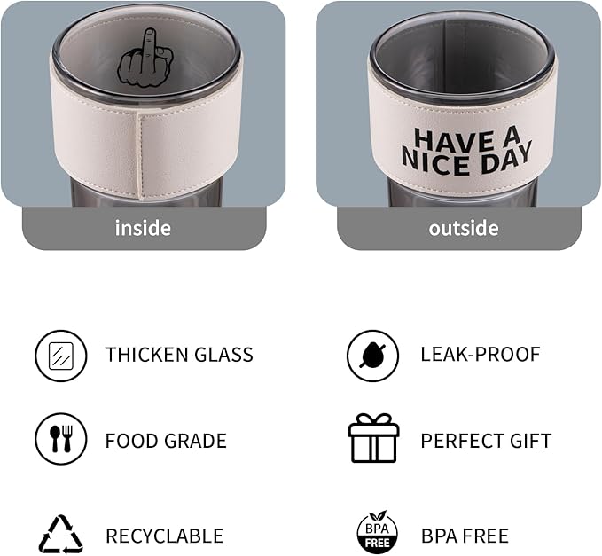 13oz/400ml Glass Water Tumbler with Straw and Lid Sealed Carry on Thick Wall Iced Coffee Cup for Water, Iced Tea, Fruit Juice (Have a Nice Day)