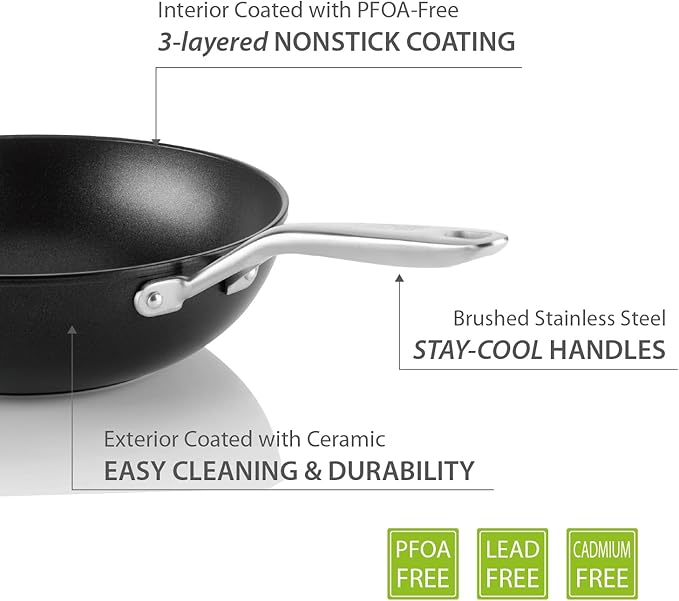 TECHEF - Onyx Collection, 12" Nonstick Flat Bottom Wok/Stir-Fry Pan with Glass Lid, PFOA Free, Dishwasher and Oven Safe, Made in Korea