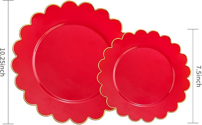 LIYH 60 Pcs Red Plastic Plates Disposable with Gold Edge Scalloped Red Disposable Plates Includes 30 Dessert & 30 Dinner Plate Dishes Tableware for Party Birthday Mother's Day