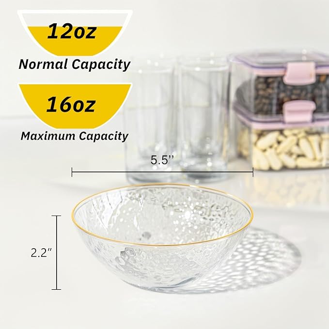 I00000 50 Pack 12 Ounce Clear Plastic Bowls Hammered with Gold Rimmed, Heavy Duty Disposable Bowl Set,Small Bowls for Wedding Day