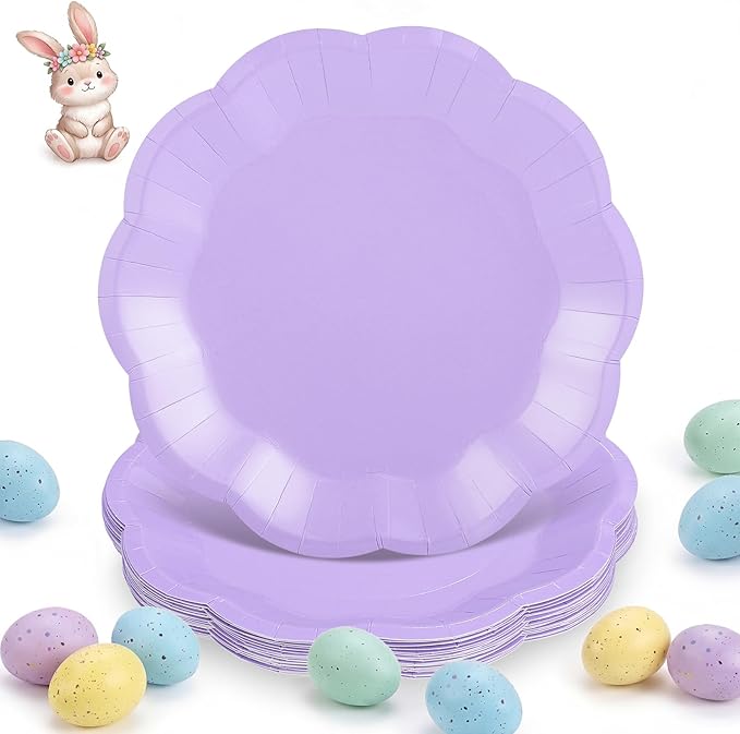 30 Pcs Light Purple Paper Plates, 7 Inch Scalloped Lavender Plates Cute Easter Plate Disposable Party Plate for Wedding, Birthday, Baby Shower