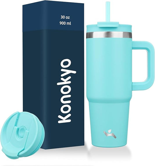 30 oz Tumbler with Handle and 2 Straws,2 in 1 Lid Insulated Water Bottle Stainless Steel Travel Coffee Mug,Turquoise