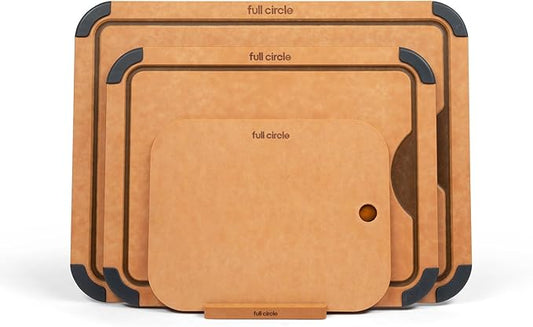 Full Circle Chop Shop Cutting Board Set with Holder – 3 Kitchen Cutting Boards with Countertop Holder & Drying Rack – Dishwasher Safe, Lightweight, Naturally Bonded Kraft Paper