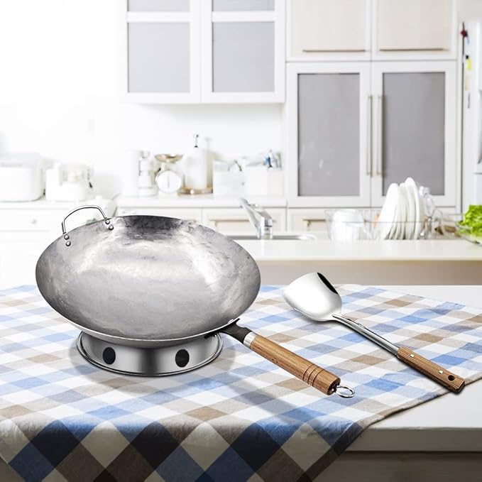 Carbon Steel Wok Pan, Stir Fry Pans, 13 Inch Wok Pan with Support Ring and Spatula, Nonstick Woks and Stir-fry Pans, No Chemical Coated Round Bottom Chinese Wok for Electric, Gas, All Stoves