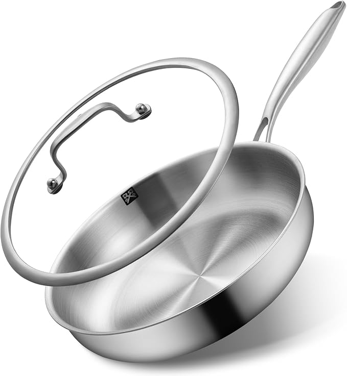 GOLDEN KEY 12 Inch Tri-Ply Stainless Steel Frying Pan with Lid - PFOA/PTFE-Free, Even Heating, All Cooktop Compatible, Oven Safe 500°F, Dishwasher Safe for Searing, Sauteing, Roasting & Frying