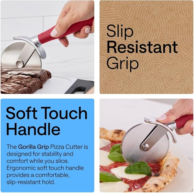 GORILLA GRIP Patented BPA-Free Large Pizza Cutter Wheel, 9 Inch, Extra Sharp Stainless Steel Blade, Slip Resistant Handle with Thumb Guard Protection, Slice Thick or Thin Pizzas, Pie, Pastries, Red