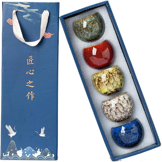 5Pcs Ceramic Tea Cup Set, 6oz Chinese Tea Cups with Designed Gift Box - 5 Stylish Colors