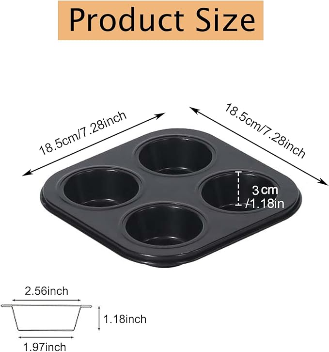 4 Cup Muffin Pan Mold, Non-stick Cupcake Baking Pan Mini Pie Pans, Carbon Steel Cake Mould Muffin Tray Standard Baking Mold Pan for Oven Baking(Black)
