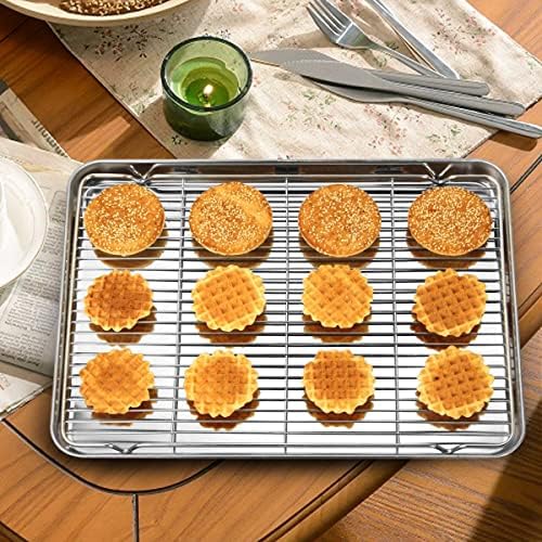 Wildone Baking Sheet & Rack Set [2 Sheets + 2 Racks], Stainless Steel Cookie Pan with Cooling Rack, Size 16 x 12 x 1 Inch, Non Toxic & Heavy Duty & Easy Clean (Pack of 2)